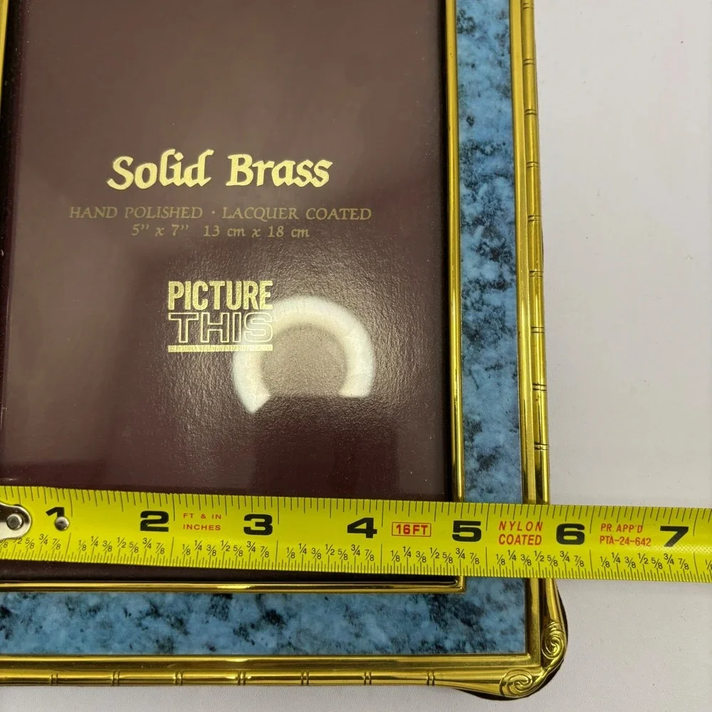 Picture‎ This Solid Brass 5x7 Picture Frame Blue Marble Inlay Bamboo Gold Trim